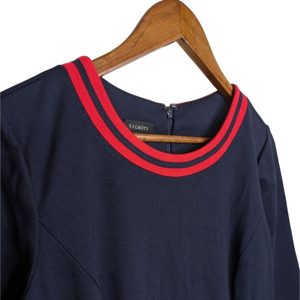 Talbots Career Shift Midi Dress 10 Navy Blue Red Trim Modest Ponte Knit Office - Picture 4 of 9